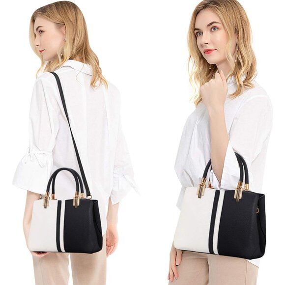 Top Handle Stitching Handbag for Women and Girls Tote Satchel Shoulder Bag - Picture 6 of 8